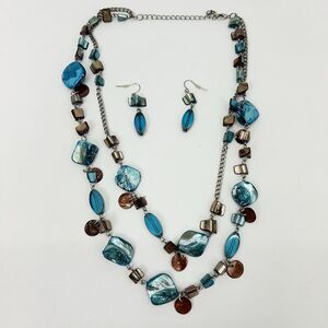 Chunky Blue Sea Glass Style Beaded Double Strand Necklace & Earrings Set
